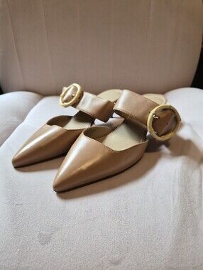 Ann Taylor Like New Women's Pointed Toe Tan Leather Mules with Buckle Strap